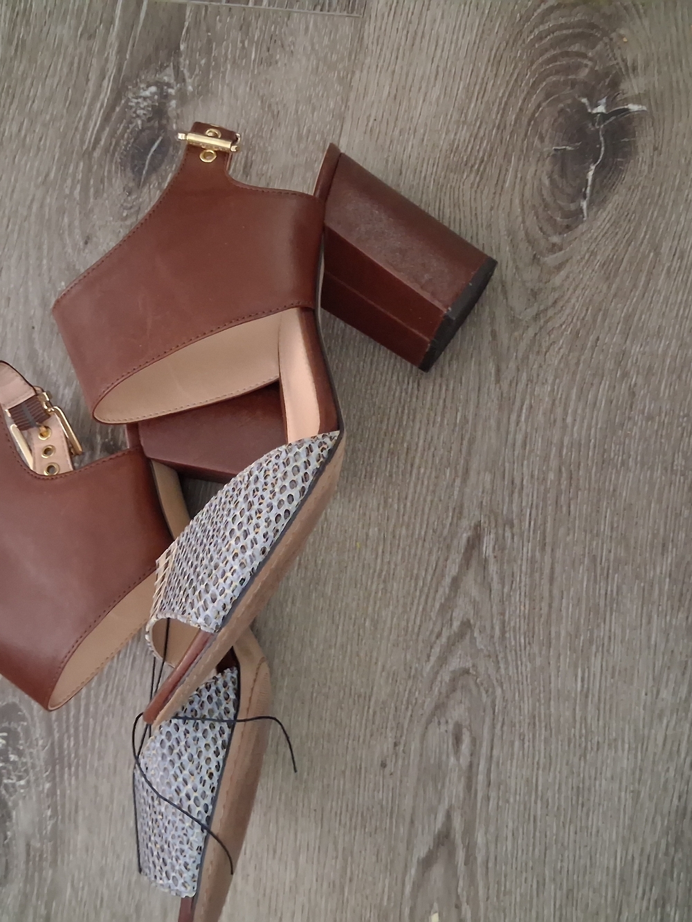 Vince Camuto Brown Leather Slingback Heels with Snake-Print Toe - Picture 3 of 7